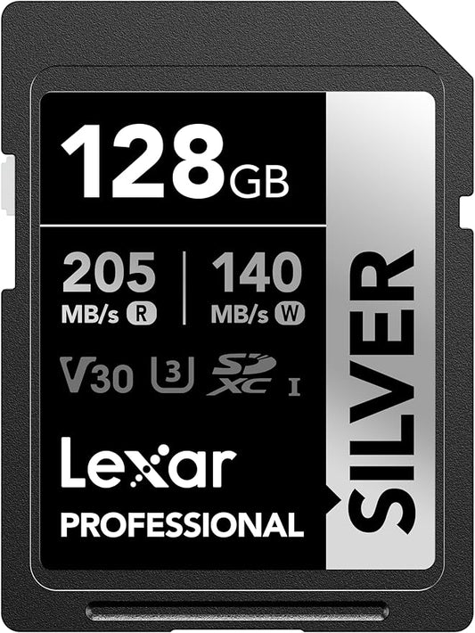 Lexar 128GB Professional Silver SD Card, UHS-I, C10, U3, V30, 4K, Up to 225/160 MB/s SDXC Memory Card, for Professional Photographer, Videographer, Enthusiast (LSDSILV128G-BNNNU)