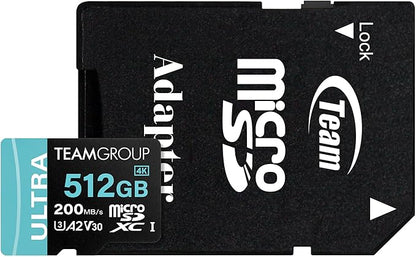 TEAMGROUP A2 Ultra Card 512GB Micro SDXC UHS-I U3 A2 V30, R/W up to 200/170 MB/s with Adapter TULMSDX512GIA2V3022503