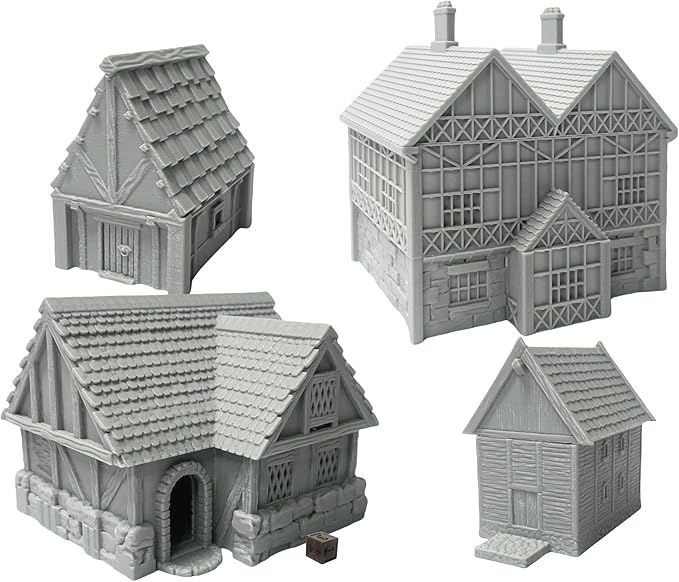 Paintable Tabletop Miniature Little Town Building Terrains Compatible with RPG War Games - 18mm Scale Dioramas Building Set Scenery with Medieval Architecture Style by HAUTICO (HVillageHouses2-1)