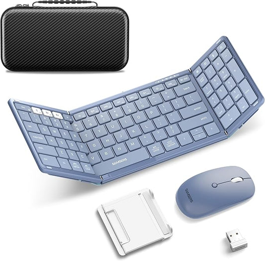 Foldable Keyboard and Mouse, Samsers Folding Bluetooth Keyboard Combo, 2.4G + BT5.0 x 2, Full-Size Portable Travel Keyboard & Rechargeable Wireless Mouse for Windows Android iOS Mac OS, Young Blue