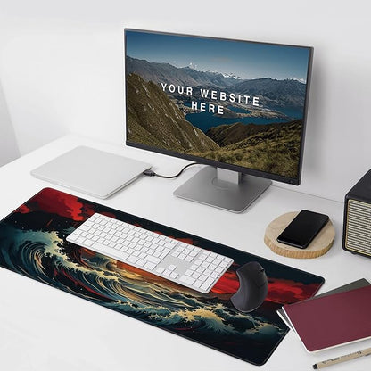 Japanese Sea Wave Large Mouse Pad,Gaming Keyboard Desk Pad,Extended Mouse Mat Non-Slip Rubber Base with Stitched Edges for Office Game Home XXL 35.4"x15.7"
