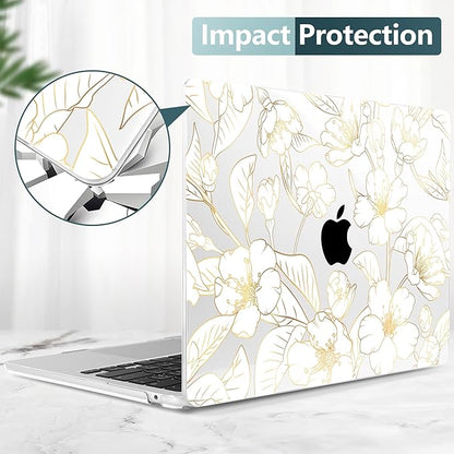 TWOLSKOO Compatible with M4 MacBook Air 13.6 inch Case 2025-2022 Release M4 A3240 M3 A3113 M2 A2681, Plastic Hard Shell & Keyboard Cover & Type C Adapter & Screen Protector, Gold Cherry Blossom