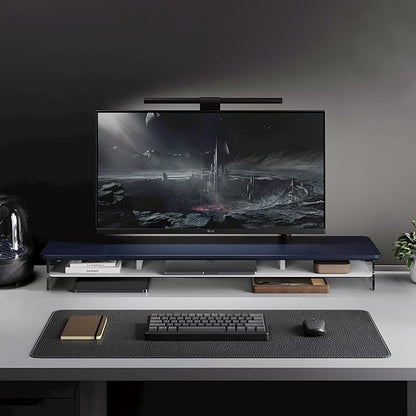 Fenge Acrylic Monitor Stand Riser, 42.5 Inches Dual Monitor Stand with Metal Storage, 2 Tier Acrylic Computer Riser for Desk, Clear Laptop Stand for PC, Laptop, Printer, TV, Blue