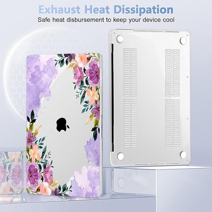 Case for MacBook Pro 13 inch with/Without Touch Bar (2016-2022, M2 A2338 M1 A2289 A2251 A2159 A1989 A1706 A1708), Hard Shell + Keyboard Cover + Dust Plug - Purple Flower
