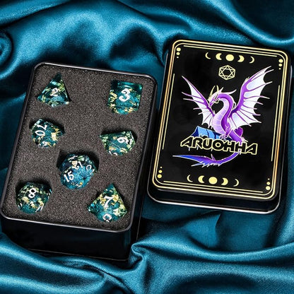 ARUOHHA Liquid Core DND Dice Set, 7pcs Resin Sharp Edged Dragons Dice RPG Role Playing Games, Silver Numbers Blue Dungeons Polyhedral Dice with Gift Box D20 D12 D10 D8 D6 D4