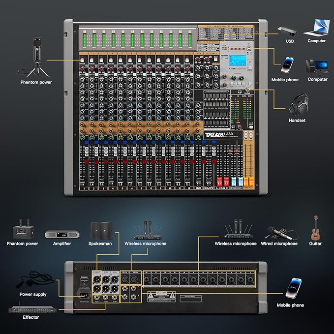 Professional Audio Mixer, 12 Channel Sound Board Mixing Console, Dual DSP Reverb Studio Mixer Board, Dual 7-Band EQ, 48V Phantom Power, 4 Group Stereo Output Input, PAD