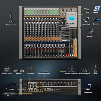 Professional Audio Mixer, 12 Channel Sound Board Mixing Console, Dual DSP Reverb Studio Mixer Board, Dual 7-Band EQ, 48V Phantom Power, 4 Group Stereo Output Input, PAD