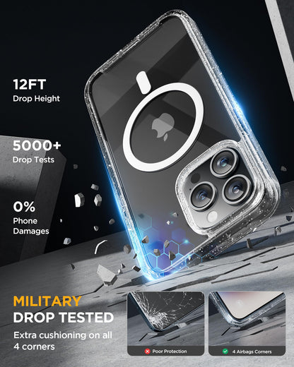 Miracase Magnetic for iPhone 15 Pro Case [Compatible with MagSafe] Full-Body Phone case with Built-in Glass Screen Protector& Camera Protector, Military Drop Proof 15 Pro Cover, Magnetic Clear Glitter