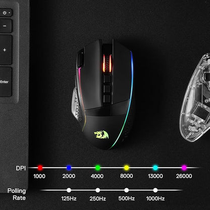 Redragon M991 Wireless Gaming Mouse, 26000 DPI 3-Mode Gamer Mice w/Rapid Fire Key, 9 Macro Buttons, Powerful Capacity and RGB Backlight for PC/Mac/Laptop, Black