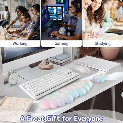 Cloud Wrist Rest Keyboard, Cloud Keyboard Wrist Pad Set with PU Leather Memory Foam, Cute Arm Rest for Palm Support, PC/Gaming Desk Accessories/Office Setup/Computer Hand Cushion - Rainbow