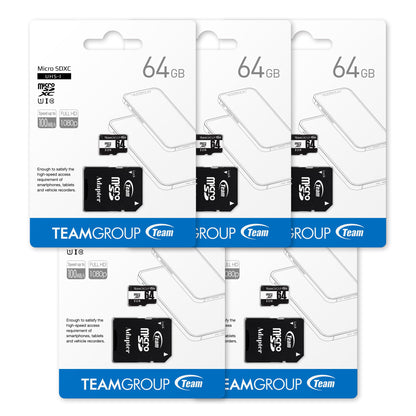 TEAMGROUP Micro 64GB 5 Pack UHS-I U1 Class 10 SDHC SDXC Read Speed up to 100MB/s High Speed Flash Meomry Card with Adapter for Camera, Surveillance, Full HD Shooting TUSDX64GCL10U63