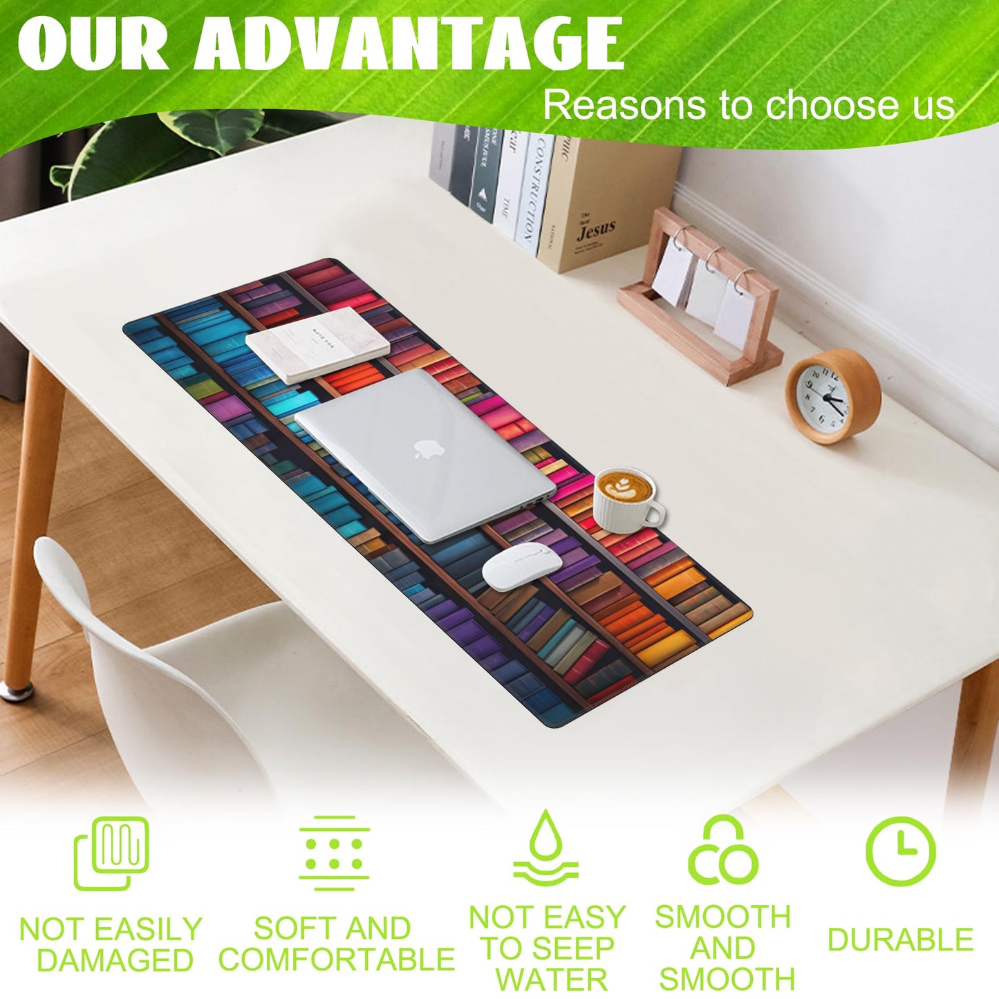 Eflxamz Large Gaming Mouse Pad for Desk,Bookshelves Full of Books Desk Mat,Colorful Books Desk Pad,Extended Big Computer Keyboard Mouse Pad with Non-Slip Base and Stitched Edge,31.5"x11.8"