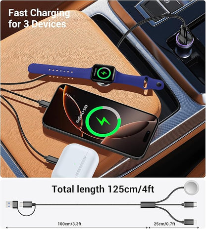 Temdan for Travel Vacation Essentials,3 in 2 USB C Cable for Apple Watch Charger/iPhone 16 Charger/Lightning,Multi Charging Cable Cord,Camping Essentials,Designed for iWatch &iPhone 16-12-4FT Black