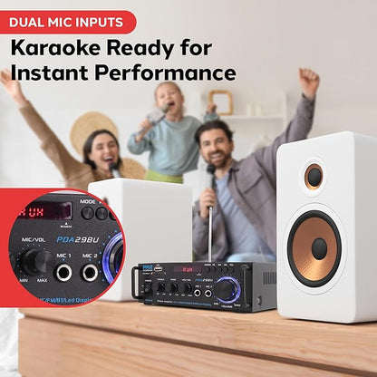Pyle 200W Wireless Bluetooth Stereo Power Amplifier - 2-Channel Audio Receiver with RCA - USB - SD - MIC IN - FM Radio - Remote Control - AUX Input for Home Theater & Studio Use - PDA29BU.6
