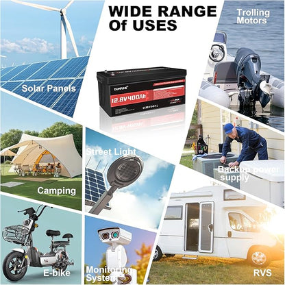 12V 400Ah LiFePO4 Battery 5120Wh Rechargeable Lithium Iron Phosphate Battery Built-in 200A BMS 15000+ Cycles for RV Marine Solar Golf Cart Off-Grid Applications