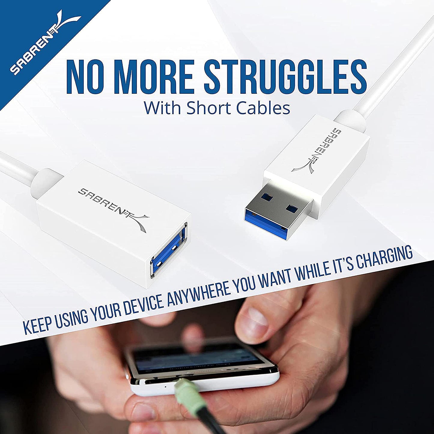 SABRENT USB 3.0 Extension Cable, A-Male to A-Female, 6ft, White (CB-306W)