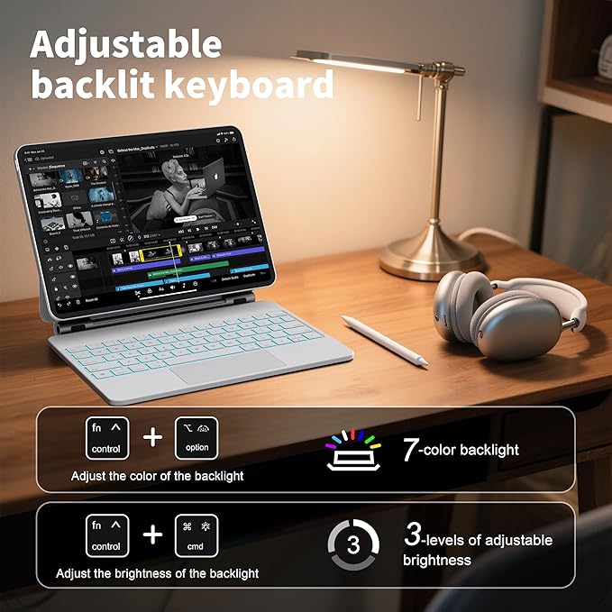 for iPad 11th (A16 2025) & iPad 10th Generation Case with Keyboard – Magic-Style Magnetic Keyboard for ipad 10th generation (10.9-inch 2022) with 7 Color Backlight, Multi-Touch Trackpad (White)