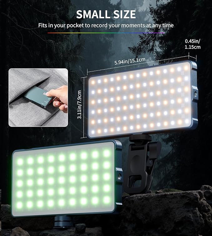 Selfie Camera Phone Light with Metal Hotshoe & Clip, CRI 96+ 2500K-9900K Rechargeable RGB Video Light for Laptops, Cameras, Selfie, Video Conference, TikTok Live Streaming, Filming