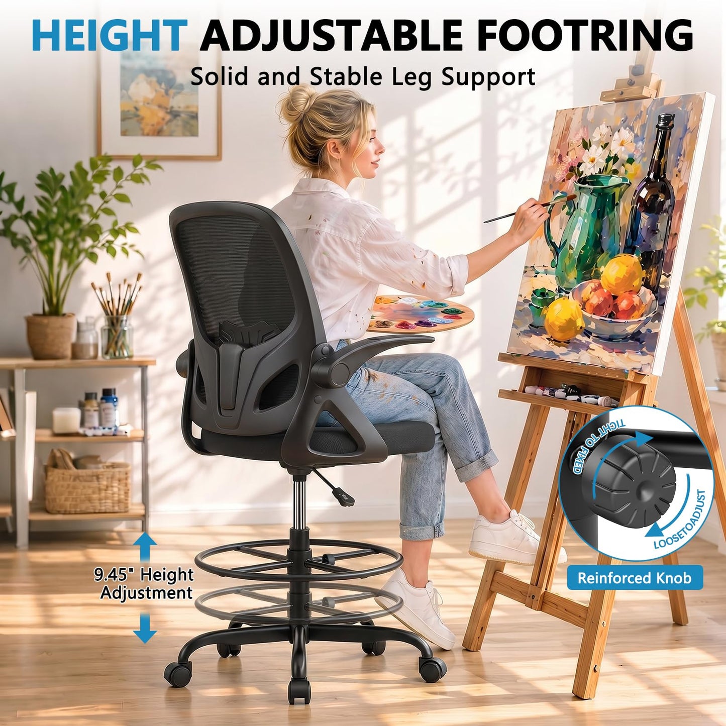 Kensaker Drafting Chair Tall Office Chair, Ergonomic Standing Desk Chair with Adjustable Foot Ring and Flip-up Armrests, Mesh Computer Chair for Art Studio, 300 LBS, Black