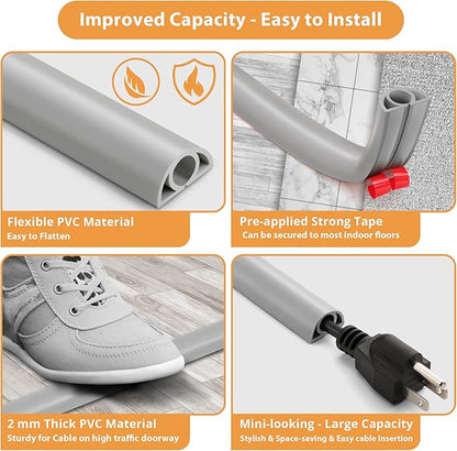 5ft Cord Cover Floor for Extension Cords, Self-Adhesive Floor Cable Cover to Protect Cables & Prevent Tripping, PVC Cord Hider Protector, Internal Wire Management Channel Diameter: 0.39", Gray