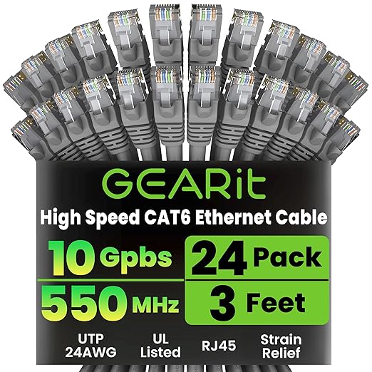 GEARit Cat 6 Ethernet Patch Cables 3 ft Gray (Cat 6 Ethernet Cables 3 ft 24-Pack), CAT6 High Speed 24AWG 10Gbps RJ45 Snagless Gold-Plated, Ethernet Cable for Router, Switch, PC, PS5 Gaming, Server
