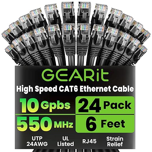 GEARit Cat 6 Ethernet Patch Cables 6 ft Black (Cat 6 Ethernet Cables 6 ft 24-Pack), CAT6 High Speed 24AWG 10Gbps RJ45 Snagless Gold-Plated, Ethernet Cable for Router, Switch, PC, PS5 Gaming, Server