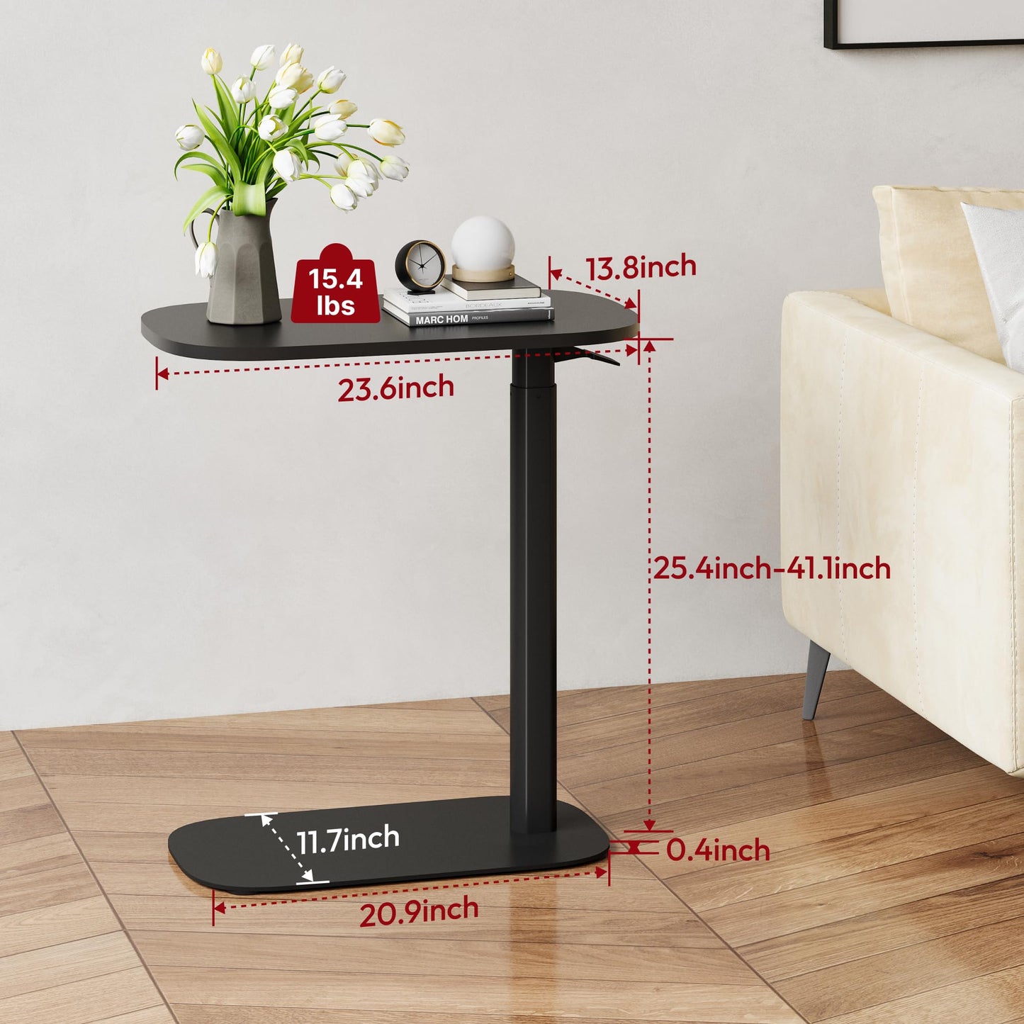 SANODESK 24''Pneumatic Adjustable Overbed Bedside Table with Hidden Casters