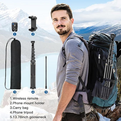 Phone Tripod Stand, 85" Tall Cellphone Tripod for iPhone with Gooseneck Remote, Flexible Portable Phone Stand for Recording, Compatible with iPhone 14 13 12 pro Android Camera