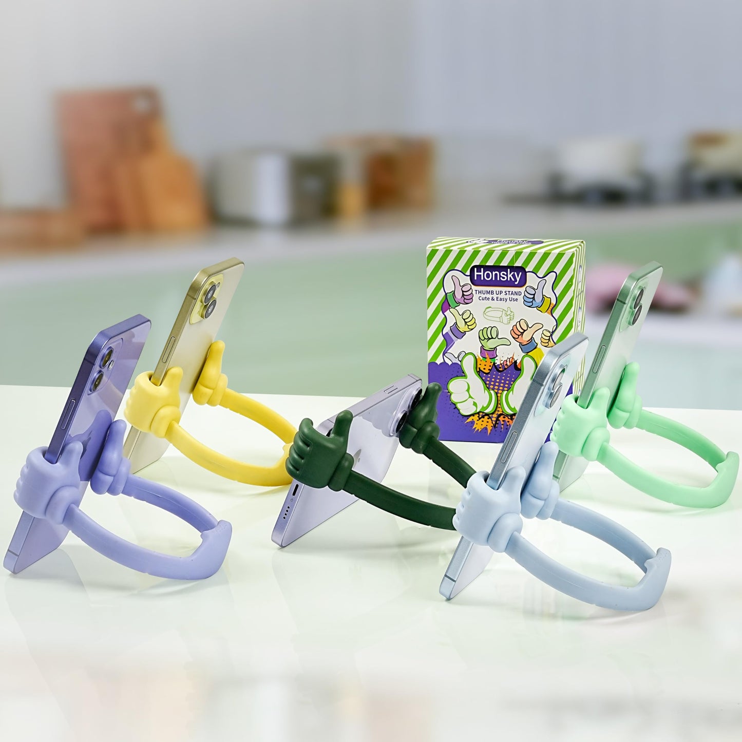Honsky Thumbs up Cell Phone Stand Holder, Ok Stand Tablet Stand Cradle for Desk Desktop Smartphone Cellphone Mobile Phone Tablets - Universal Adjustable Flexible - Light Blue/Light Yellow