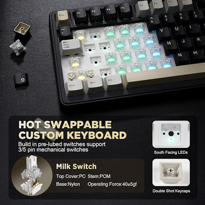 YUNZII B75 Mechanical Keyboard,75% Layout with Knob,Hot Swappable RGB Backlit Gasket Mounted, Creamy Typing, Double-Shot PBT Keycaps,Cherry Profile,for Win/Mac (Black, Milk V2 Linear Switch)