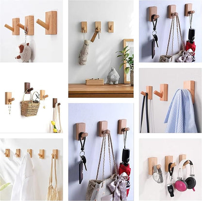 HomeDo 8Pack Adhesive Wall Hooks Hat Rack, Wooden Coat Hooks Wall Mounted, Decorative Single Organizer Hat Hanger Towel Rack, Heavy Duty Hooks (Rectangle-Beech,8P)