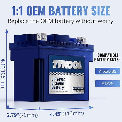 TYKOOL YTX5L-BS High Performance lithium LiFePO4 Motorcycle Battery,12.8V 3Ah,180CCA,Built in BMS,Powersports Battery,for ATV,4 wheeler,quad,dirt bike,Scooter,Lawn Mower,Generator