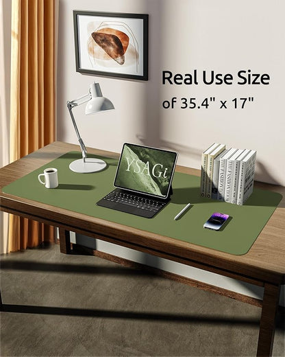YSAGi Leather Desk Protector, Office Mat, Large Mouse Mat, Non-Slip PU Leather Blotter, Laptop Pad, Waterproof Writing Pad for Office and Home (Green, 35.4" x 17")