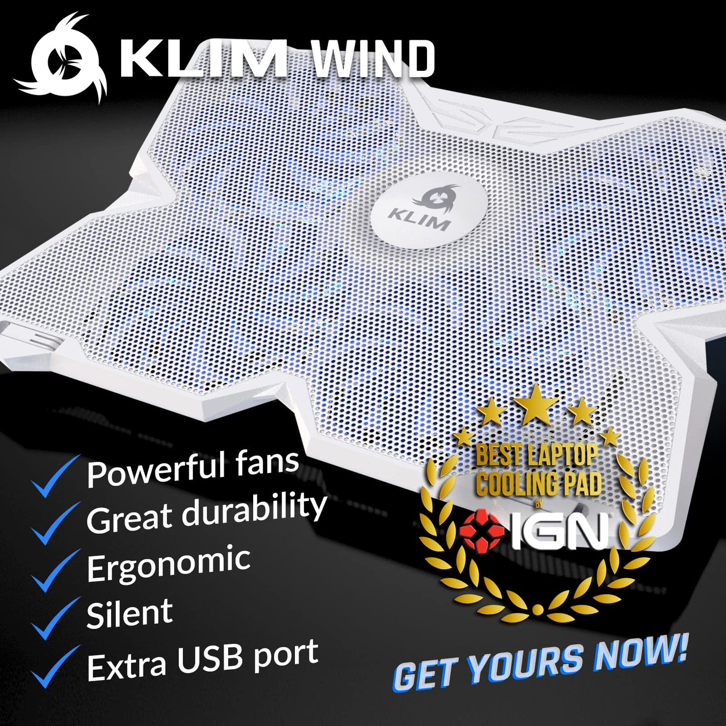 KLIM Wind Laptop Cooling Pad - More Than 500 000 Units Sold - New - The Most Powerful Rapid Action Cooling Fan - Laptop Stand with 4 Cooling Fans at 1200 RPM - USB Fan - PS5 PS4 - Full White