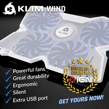 KLIM Wind Laptop Cooling Pad - More Than 500 000 Units Sold - New - The Most Powerful Rapid Action Cooling Fan - Laptop Stand with 4 Cooling Fans at 1200 RPM - USB Fan - PS5 PS4 - Full White