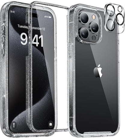Miracase Glass Series for iPhone 15 Pro Max Case 6.7 Inch, Full-Body Drop Proof Phone Case for iPhone 15 Pro Max with Built-in 9H Tempered Glass Screen Protector + Camera Protector, Clear Glitter