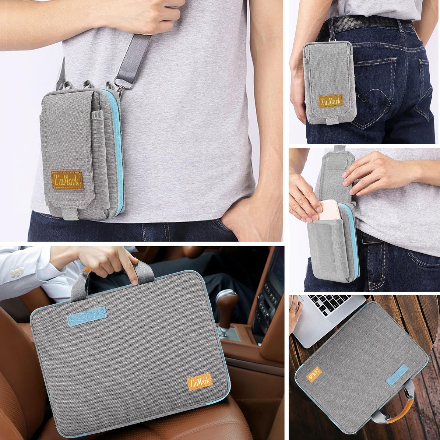 ZINMARK Laptop Case 15.6 Inch Briefcase Military-Grade Protection with Detachable Belt Bag, Compatible All Model of 15-16 Inch MacBook Pro and Most Popular 15.6 Inch Notebooks Chromebooks (Gray&Blue)