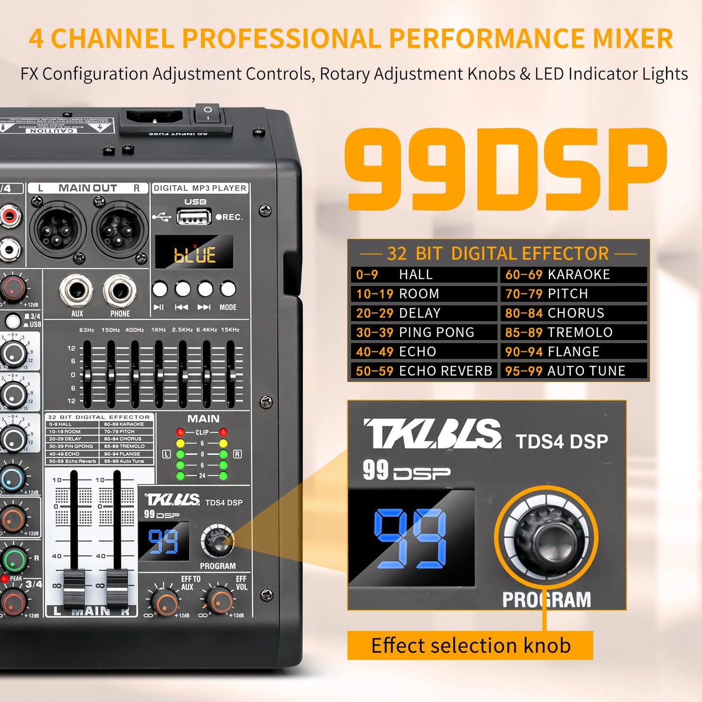 TKLBLS 4 Channel Audio Mixer for Home Audio, Sound Mixer Board with USB Interface, 99 DSP Effects, 48V Phantom Power, XLR Inputs for Karaoke, Recording