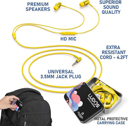 LUDOS OMNITONE Wired Earbuds in-Ear Headphones, 5 Years Warranty, Earphones with Microphone, 3.5 mm Jack Corded Ear Buds, Videoconference for iPhone, Samsung, Laptop, Kids, School Students - Yellow