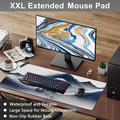 Mouse Pad, Large Watercolor Majestic Mountains Desk Mat, Extended Non-Slip Gaming Keyboard Mousepad Desk Pad, Thick Stitched Edges Waterproof Mouse Mat 31.5"x15.7" (Luxurious Mountainous Terrain)