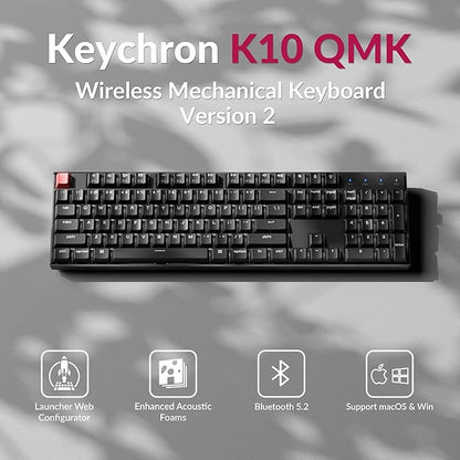 Keychron K10 Full Size Layout White LED Backlit Hot-Swappable Mechanical Keyboard for Mac Windows, 104-Key Bluetooth Wireless/USB Wired Computer Keyboard with Keychron Super Red Switch(Version 2)
