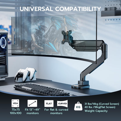 Heavy Duty Single Monitor Mount for 13"-49" Curved Screens with USB, Black