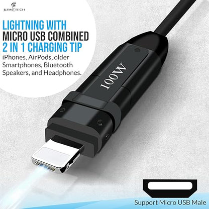 100W Multi Charging Cable - 6-in-1 Universal Fast Charging Cable with Zinc Alloy Connectors & PU Cable, Adjustable Length 120cm | C to C, USB to Type-C, Lightning, Micro - MFI Certified
