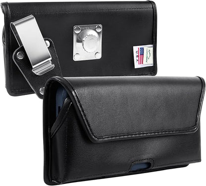 Turtleback Belt Clip for iPhone 16 Pro, 16e, 15 pro 14 Pro 13 Pro -Large- Fits w/Defender Bulky Style Cases, Premium Black Leather, Horizontal Belt Holder, Magnetic Closure HD Rotating Belt Clip