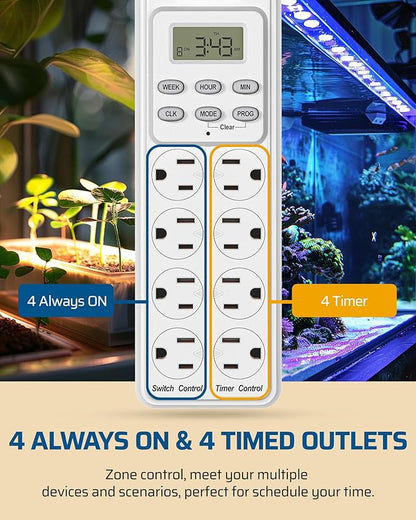 DEWENWILS 8 Outlet Power Strip with Timer (4 Timed/4 Always On), Indoor Digital Timer Outlet for Reptile Light, Turtle Grow Light, Bearded Dragon Tank, Aquarium, 6ft Flat Plug Cord, 15A, UL Listed