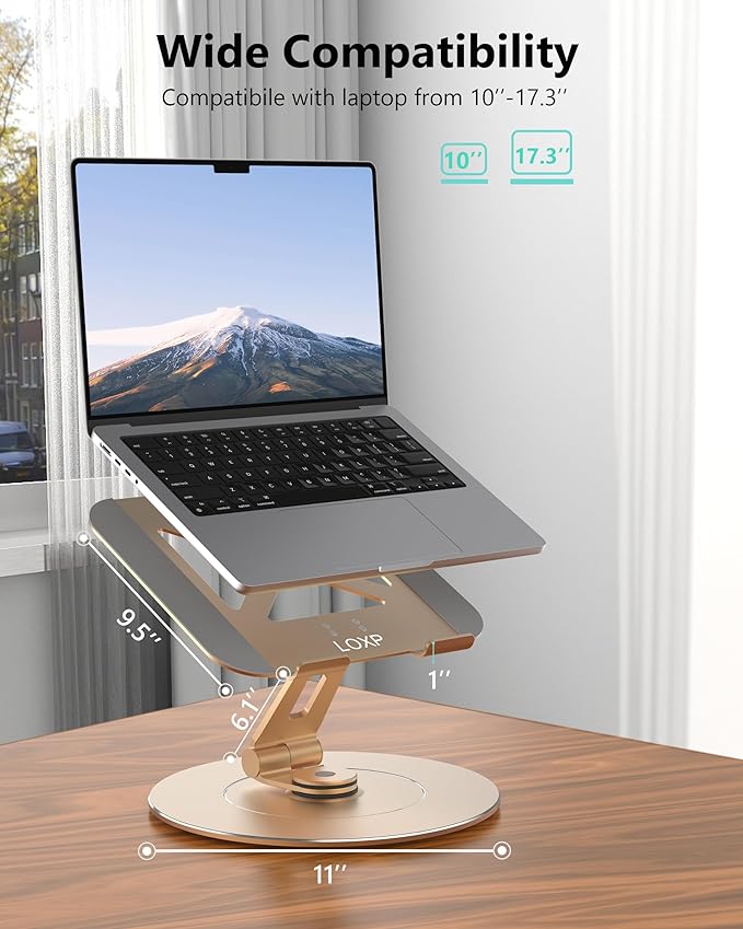 Ultra-Stable Swivel Laptop Stand for Desk，300% Larger Base Stability Military-Grade Aluminum Anti-Loosening Structure - Height Adjustable Laptop Stand Suitable for 10-17.3 inch，Golden
