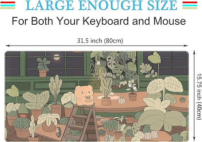 Cute Desk Mat Kawaii Bear Mousepad Cute Anime Plant Desk Protector, Kawai Aesthetic Brown and Green Forest Keyboard Mat, Large Mouse Pad XXL Gaming Desk Pad XL Office Home Decor for Women Girls