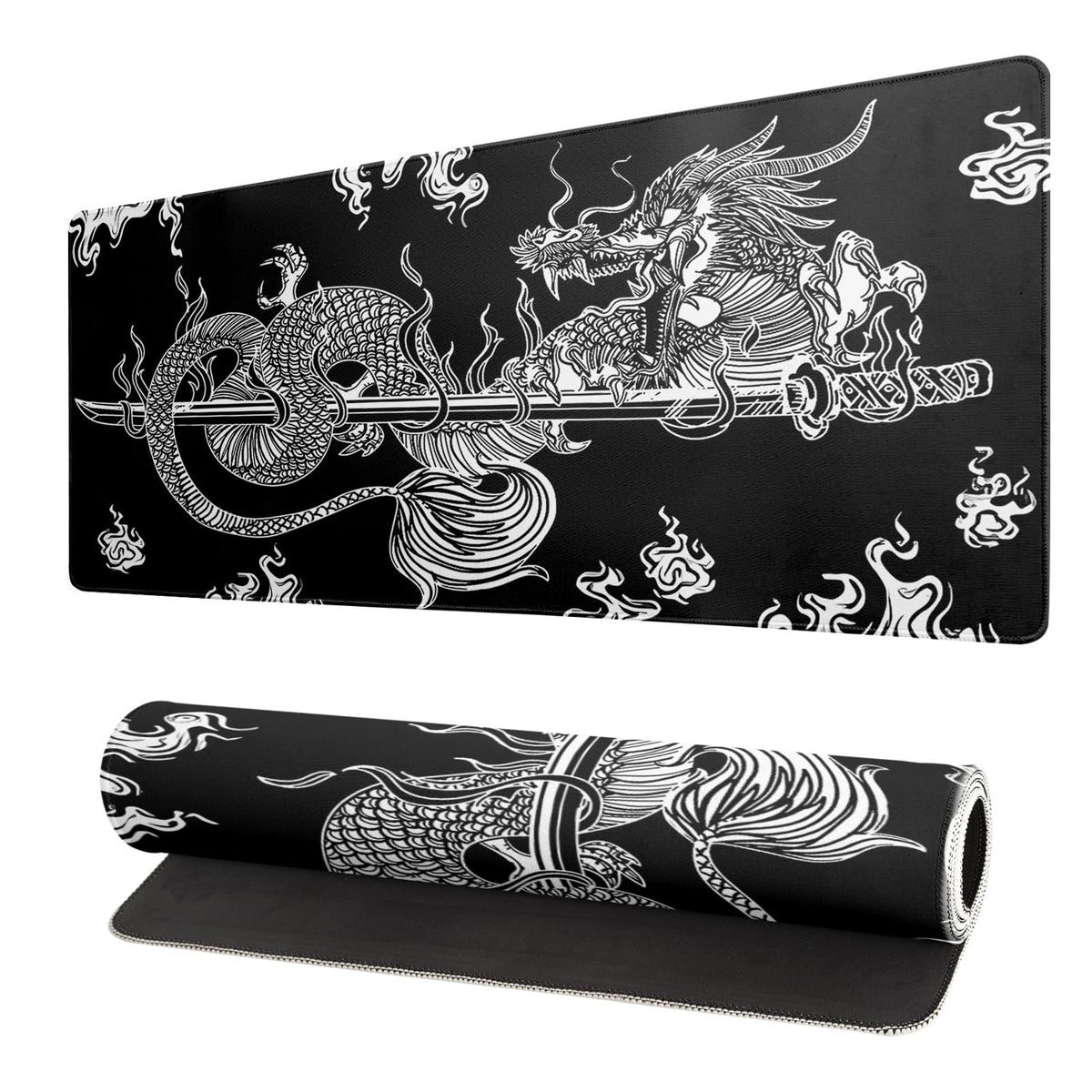 Japanese Gaming Mouse Pad Abstract Black Mouse Pad 31.5x11.8 Inch Black Sea Wave Texture Non-Slip Rubber Base Large Ocean Mousepad Stitched Edges Keyboard Mouse Mat Desk Pad for Office and Home