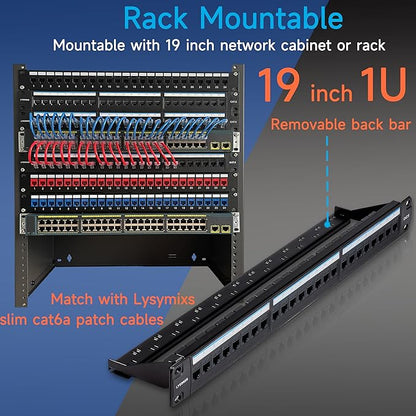 24 Port RJ45 Patch Panel Cat6 Feed Through, Coupler Network Panel 19 Inch, Inline Keystone Ethernet Patch Panel with Back Bar
