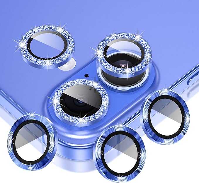 AGVEE 3+3 6 Pack for iPhone 16 6.1" / 16 Plus 6.7" Camera Lens Cover Protector, Bling Glitter & CD-Textured Metal Ring 9H Tempered HD Glass Camera Cover Protector Film, Glitter-Blue